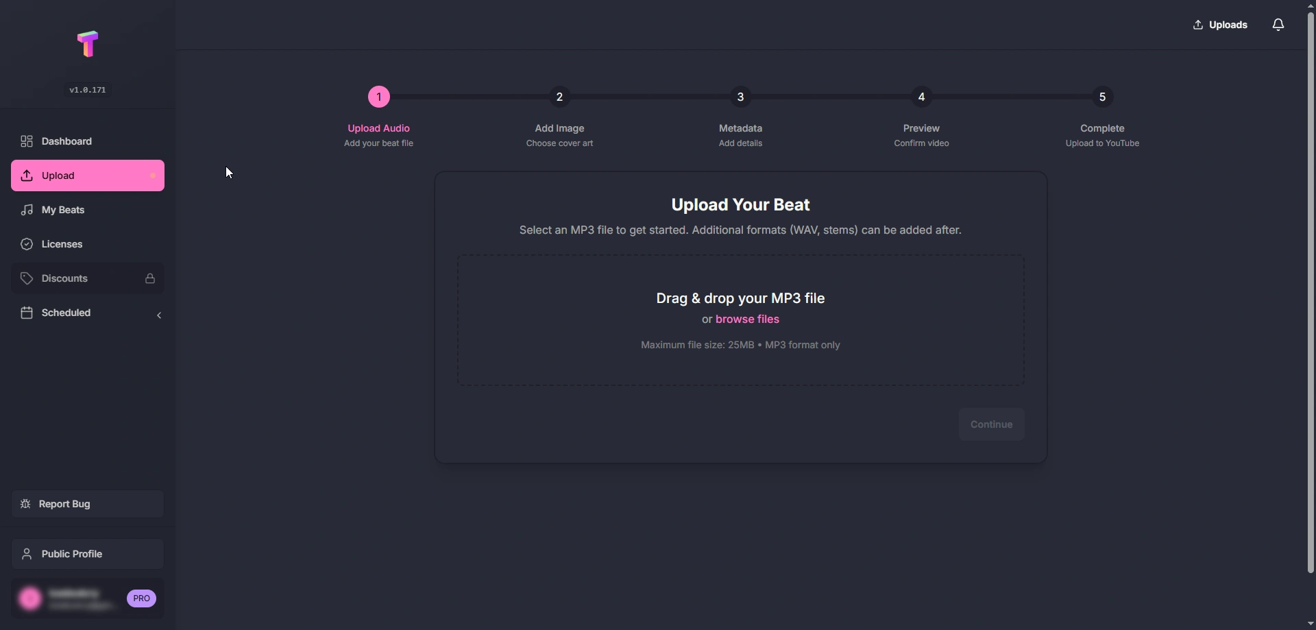 Step to upload your beat as an MP3 file with a progress timeline at the top