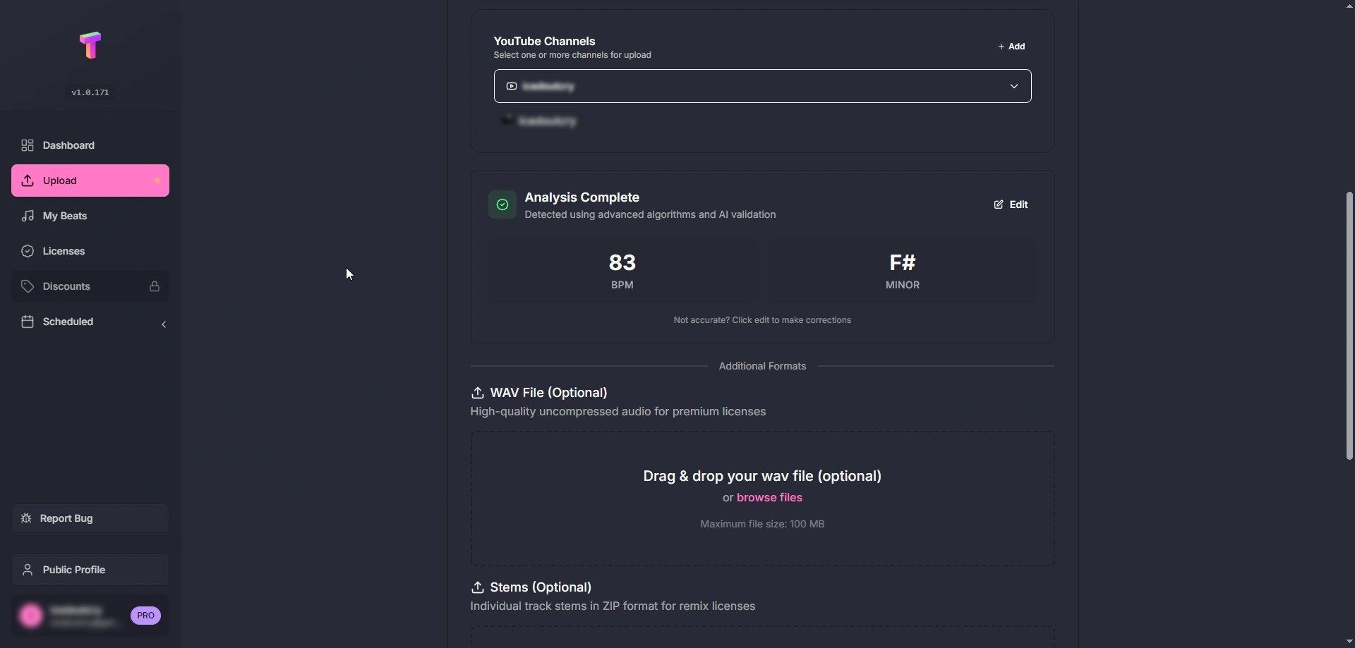 Beat upload page showing linked YouTube channels and automatic BPM and key analysis