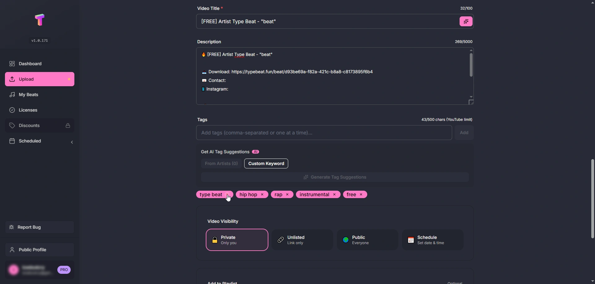 Form to enter video title, description, tags, and visibility for a beat upload