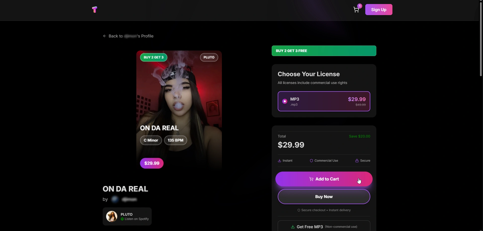 Beat store checkout page showing “ON DA REAL” cover art, license options, price, and Add to Cart button